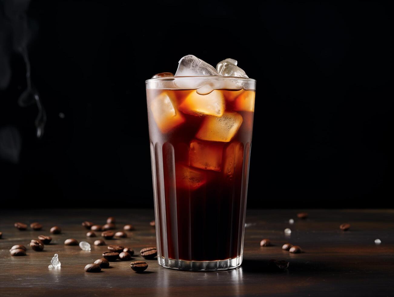 ai gerado Cola com gelo cubos e café feijões em uma Sombrio de madeira fundo foto