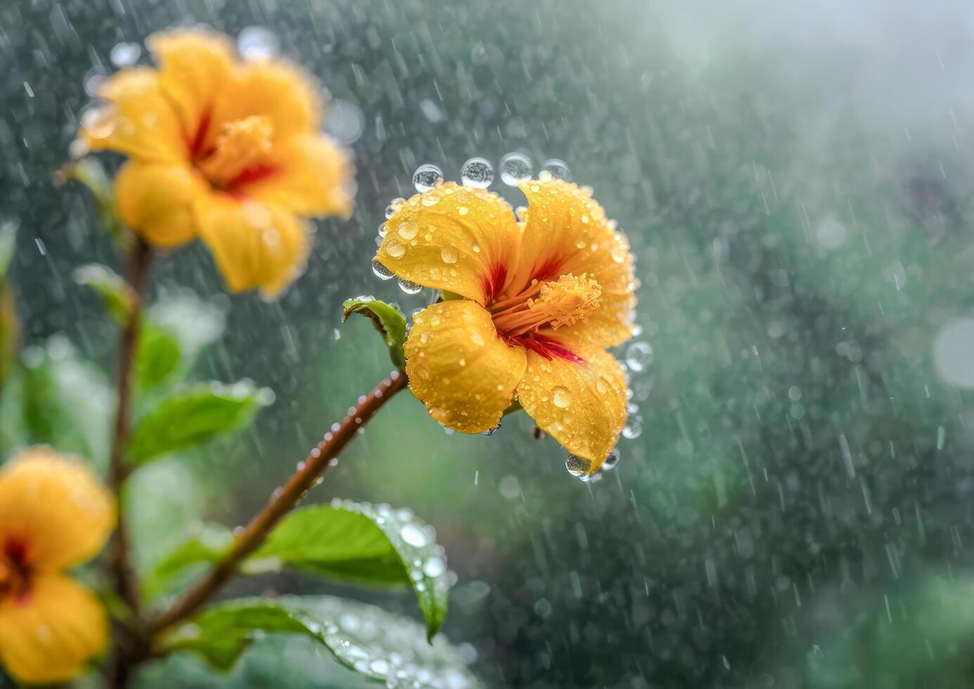 ai gerado colorida cochlospermum regium dentro a jardim. flor dentro a chuva foto