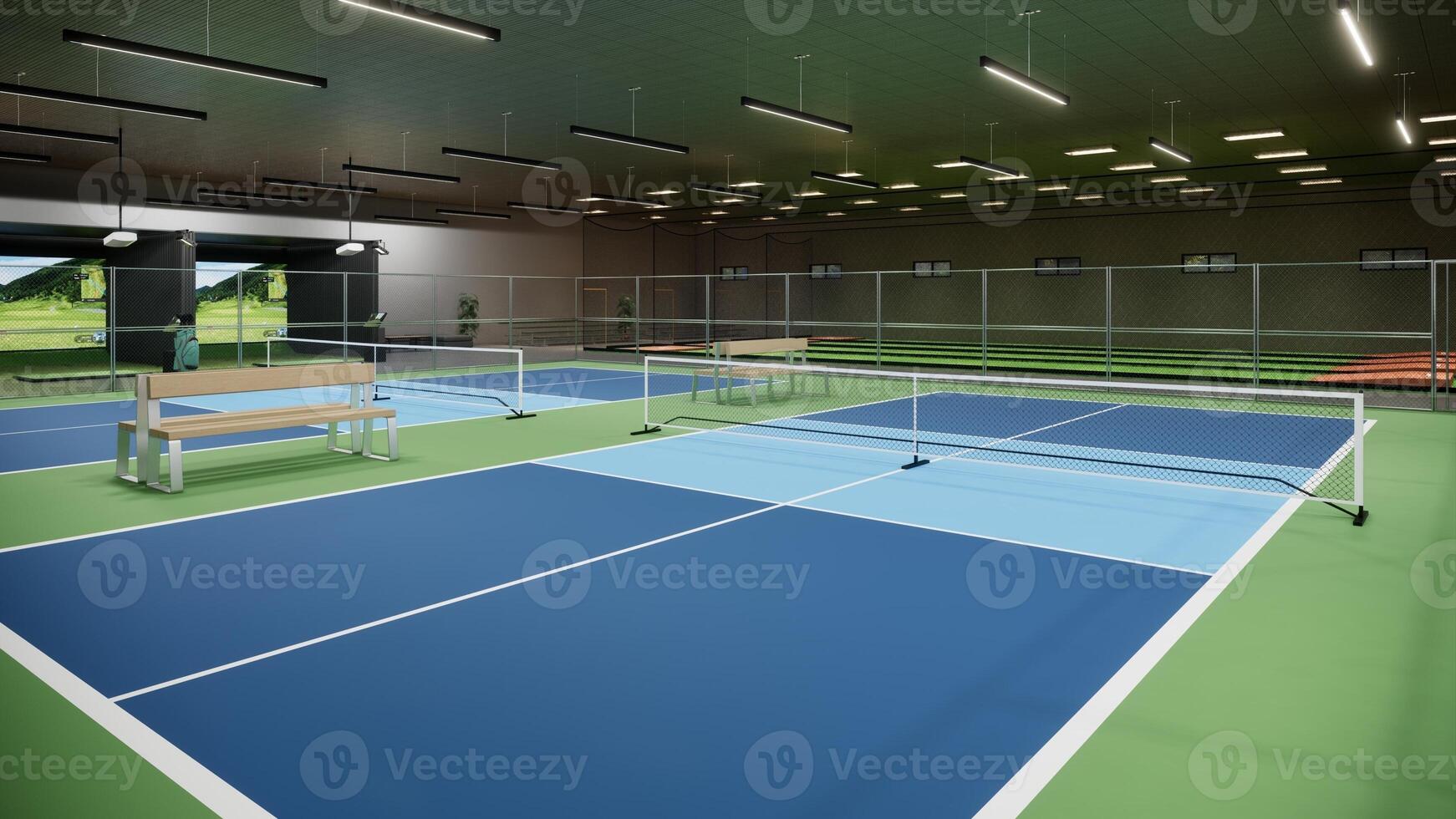 interior pickleball quadra com azul e verde cor 3d render ilustração esporte complexo foto