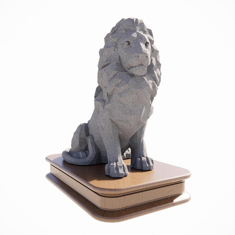 pedra leão estátua em uma de madeira prancha foto