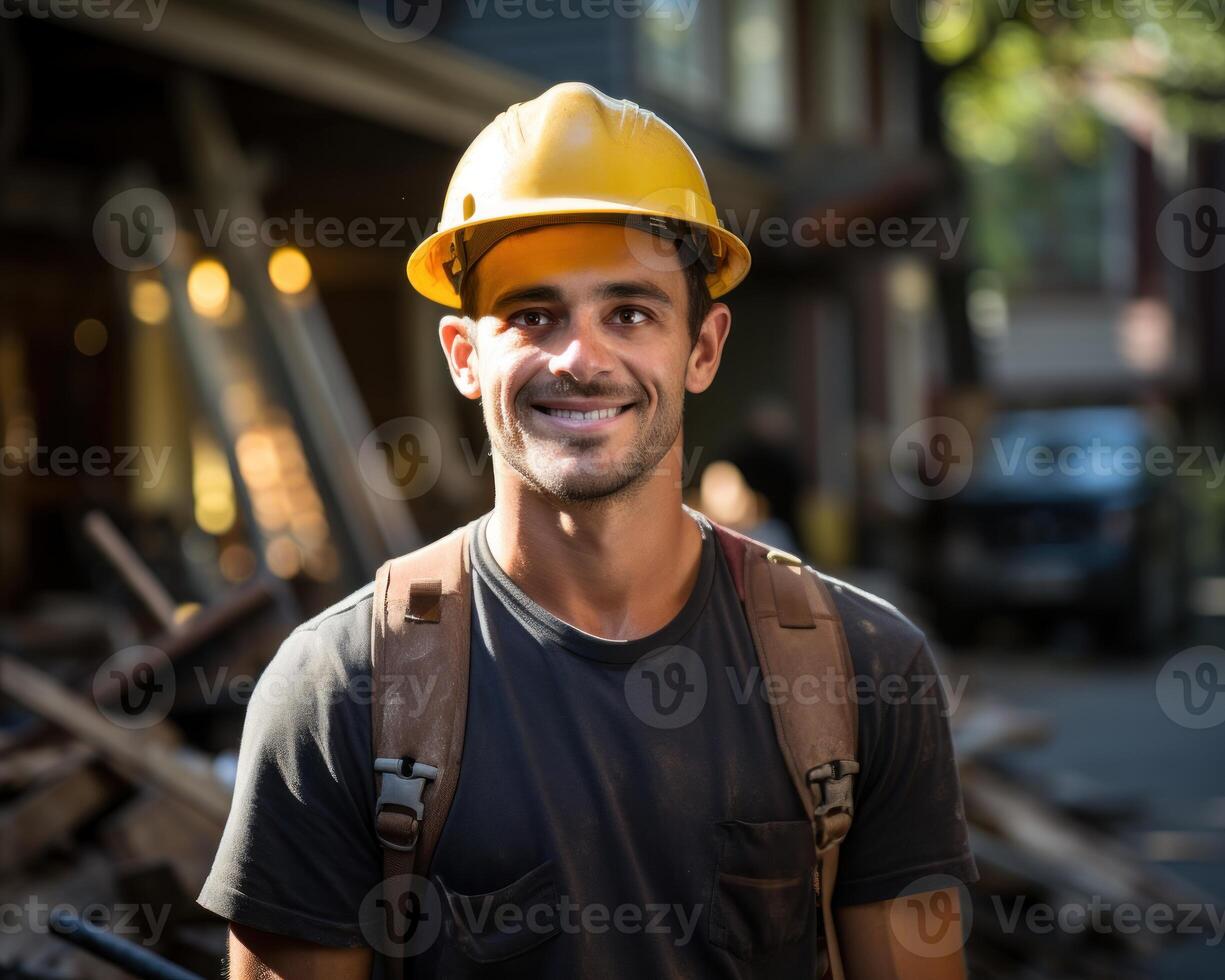 ai gerado uma à moda cara vestindo uma Difícil chapéu e uma camisa, construção e Engenharia imagem foto