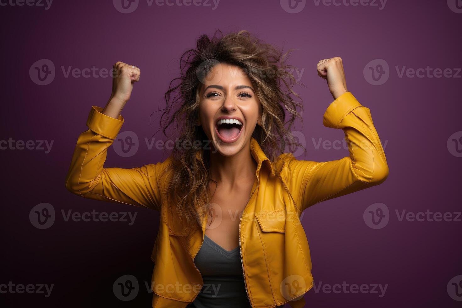 ai gerado generativo ai ilustração do animado jovem fêmea dentro amarelo Jaqueta levantando punhos e gritando enquanto alegria sobre sucesso contra roxa fundo foto