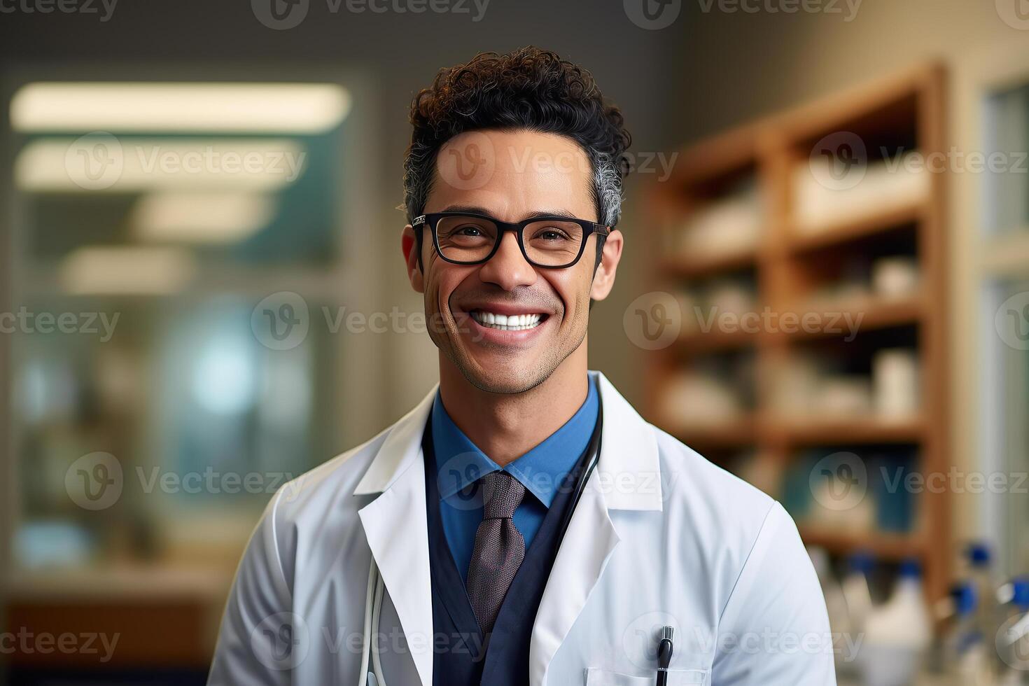 ai gerado generativo ai imagem do retrato do sorridente adulto masculino médico dentro uniforme Óculos e olhando às Câmera enquanto em pé dentro iluminado e borrado hospital com medicação dentro prateleiras foto