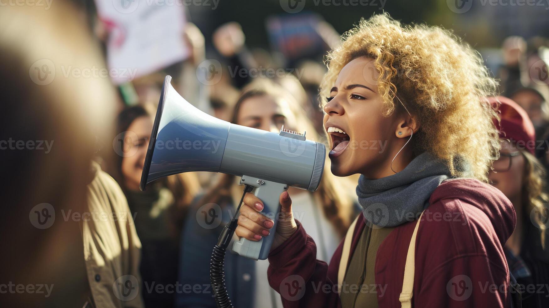 ai gerado fêmea ativista gritar para dentro uma megafone cercado de uma multidão do pessoas manifestantes durante uma popular corrida. público opinião e desaprovação, demonstração, protesto. foto