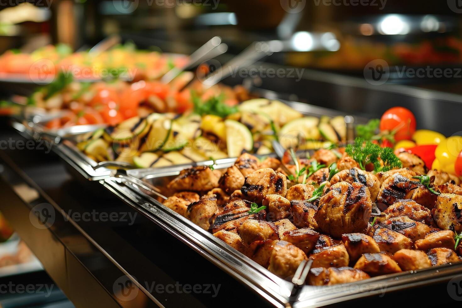 ai gerado refeições bufê Comida interior dentro restaurante com grelhado eu no. foto