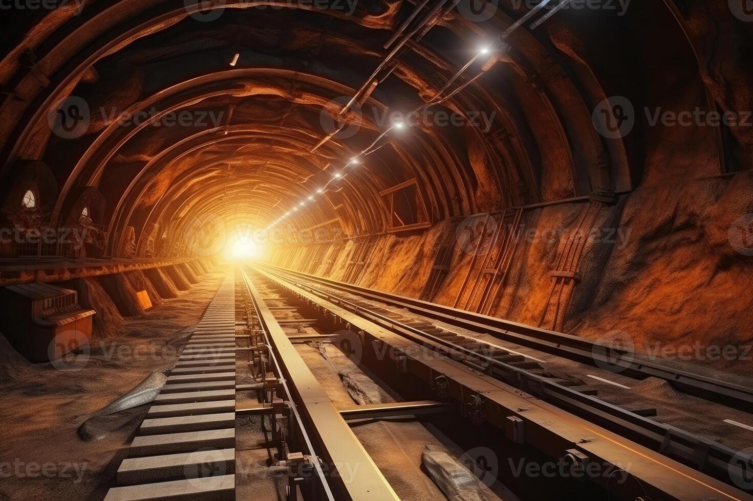 ai gerado trilho transportador dentro a subterrâneo túnel. transporte do minério ou carvão para a superfície foto