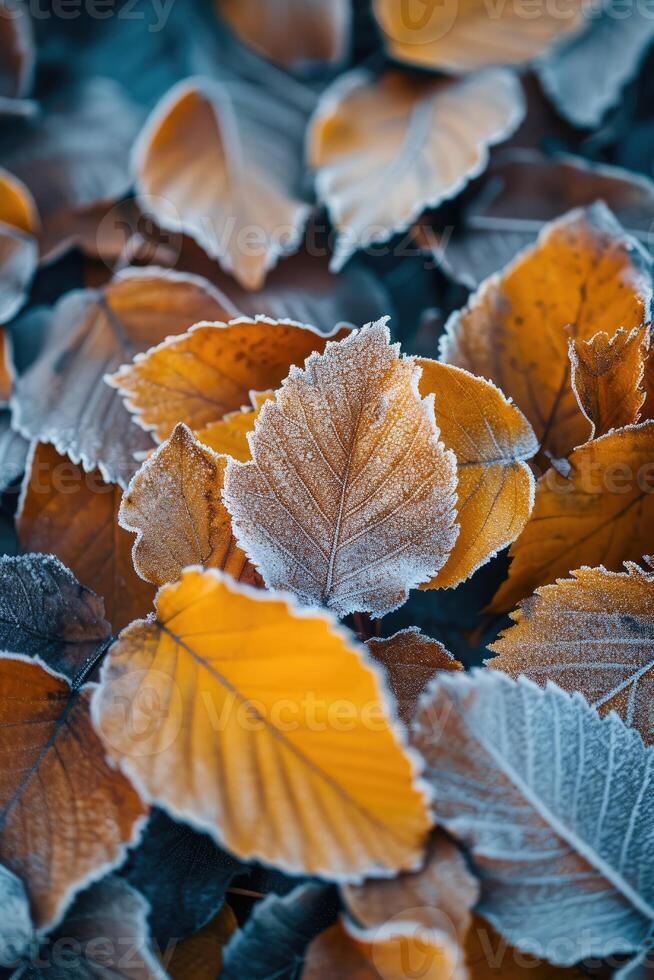 ai gerado laranja faia folhas coberto com geada dentro atrasado outono ou cedo inverno. foto