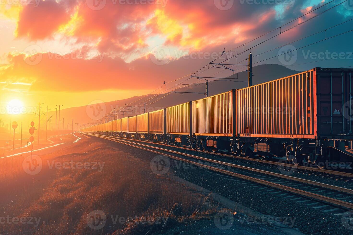 ai gerado carga trem às pôr do sol. internacional trem transporte foto