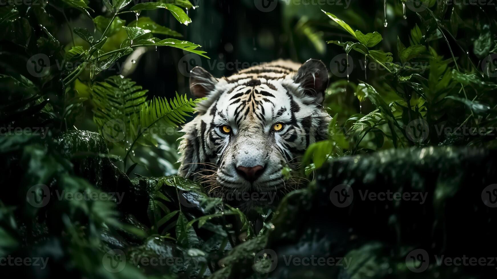 ai gerado retrato do uma branco tigre dentro a selva. Panthera tigris altaica. foto