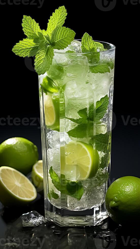 ai gerado Mojito coquetel com Lima, hortelã e gelo em Preto fundo. refrescante verão beber conceito. foto