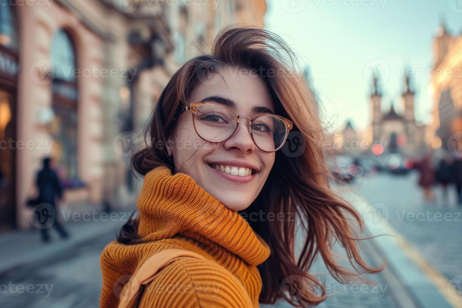 ai gerado feliz senhora com óculos posando em rua dentro cidade. foto