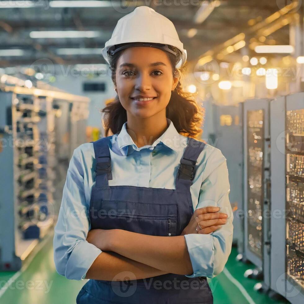 ai gerado fêmea instalação, hispânico mulher engenheiro dentro moderno técnico plantar, sorridente em Câmera foto