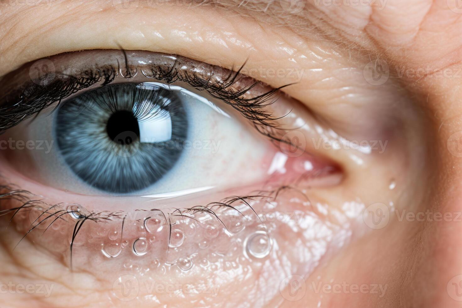 ai gerado fechar acima Visão lindo azul enrugado olho macro detalhe humano visão visão Cílio ótico globo ocular pálpebra cuidados de saúde olhando íris cores água solta optometria remédio vista visual foto