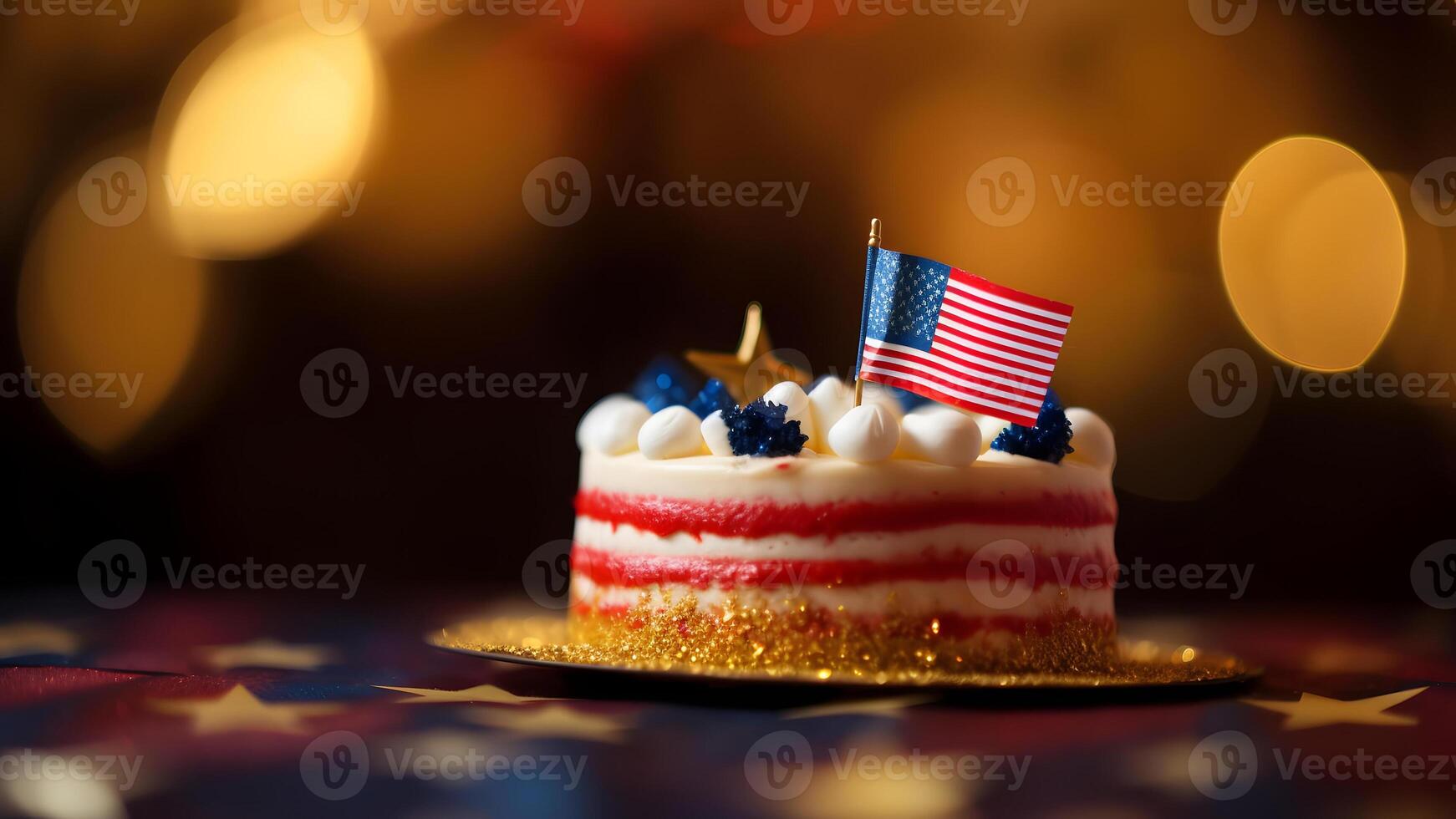 ai gerado bolo com americano bandeira com bokeh fundo, neural rede gerado imagem foto