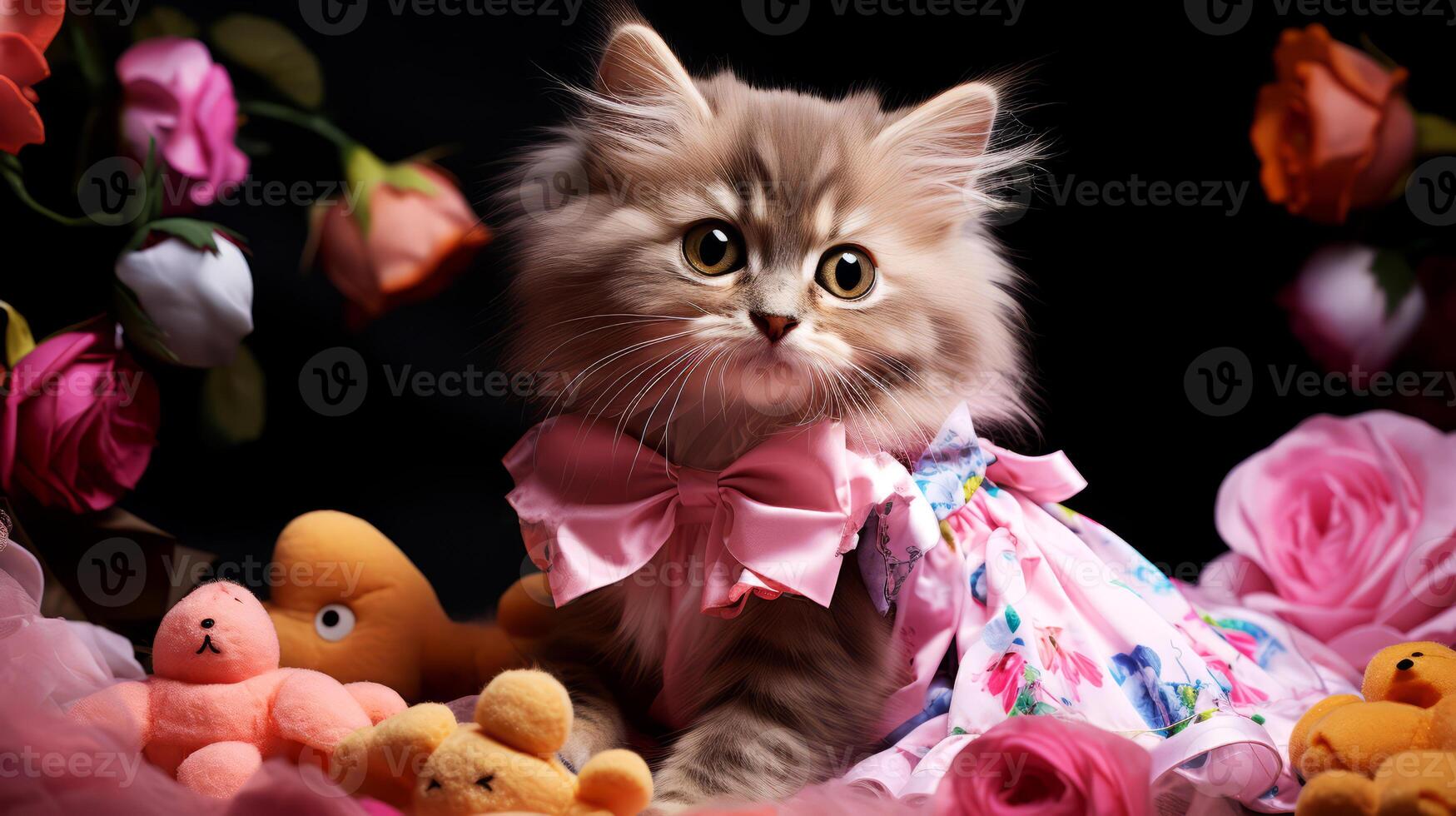 ai gerado uma fofa siberian gatinho com Rosa arco gravata e flores em Preto fundo. foto