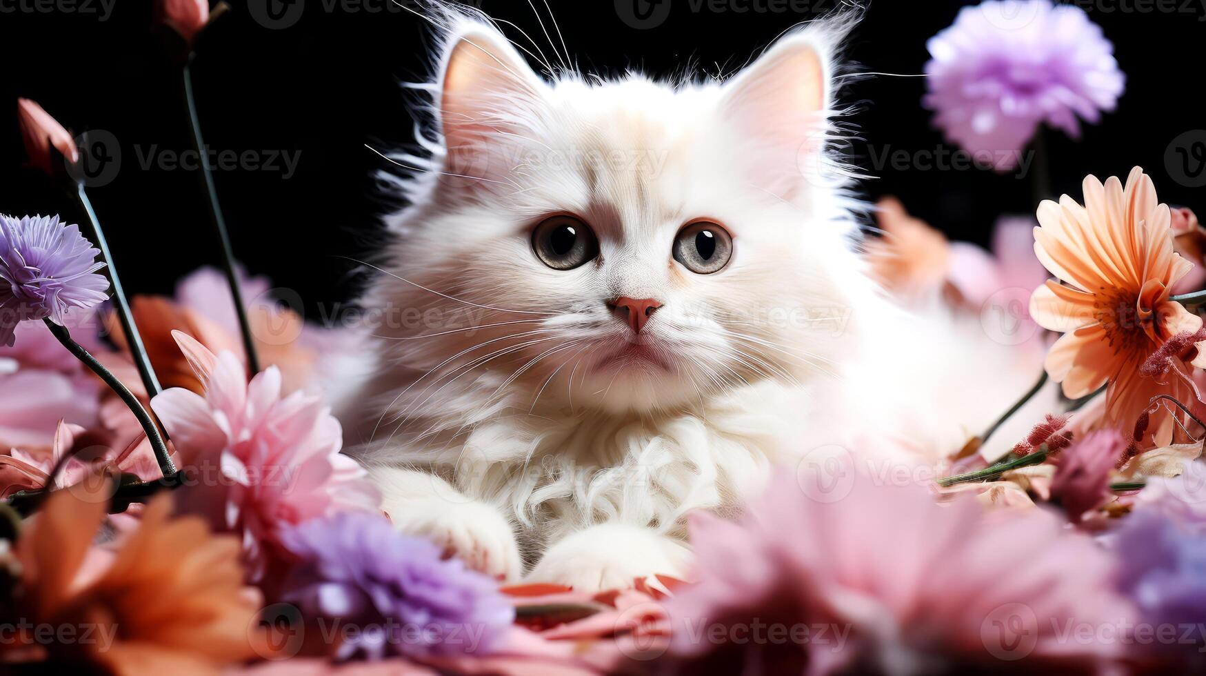 ai gerado fofa branco persa gatinho com flores em uma Preto fundo. foto