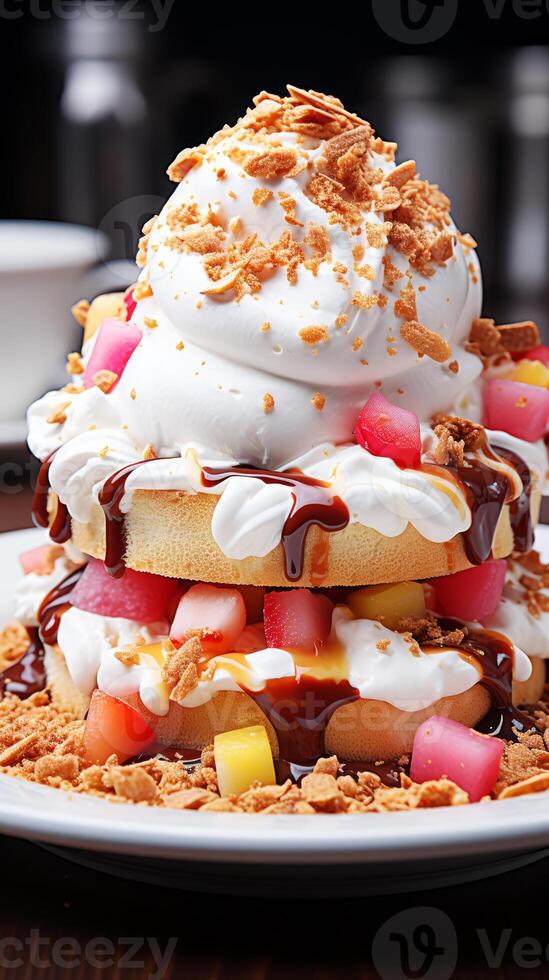 ai gerado waffles com açoitado creme, frutas e chocolate molho em uma branco placa. foto