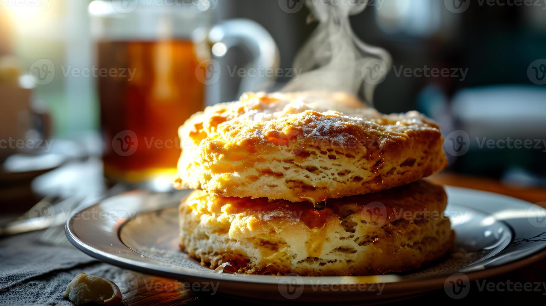 ai gerado uma pilha do caseiro scones em uma prato e uma caneca do chá. foto