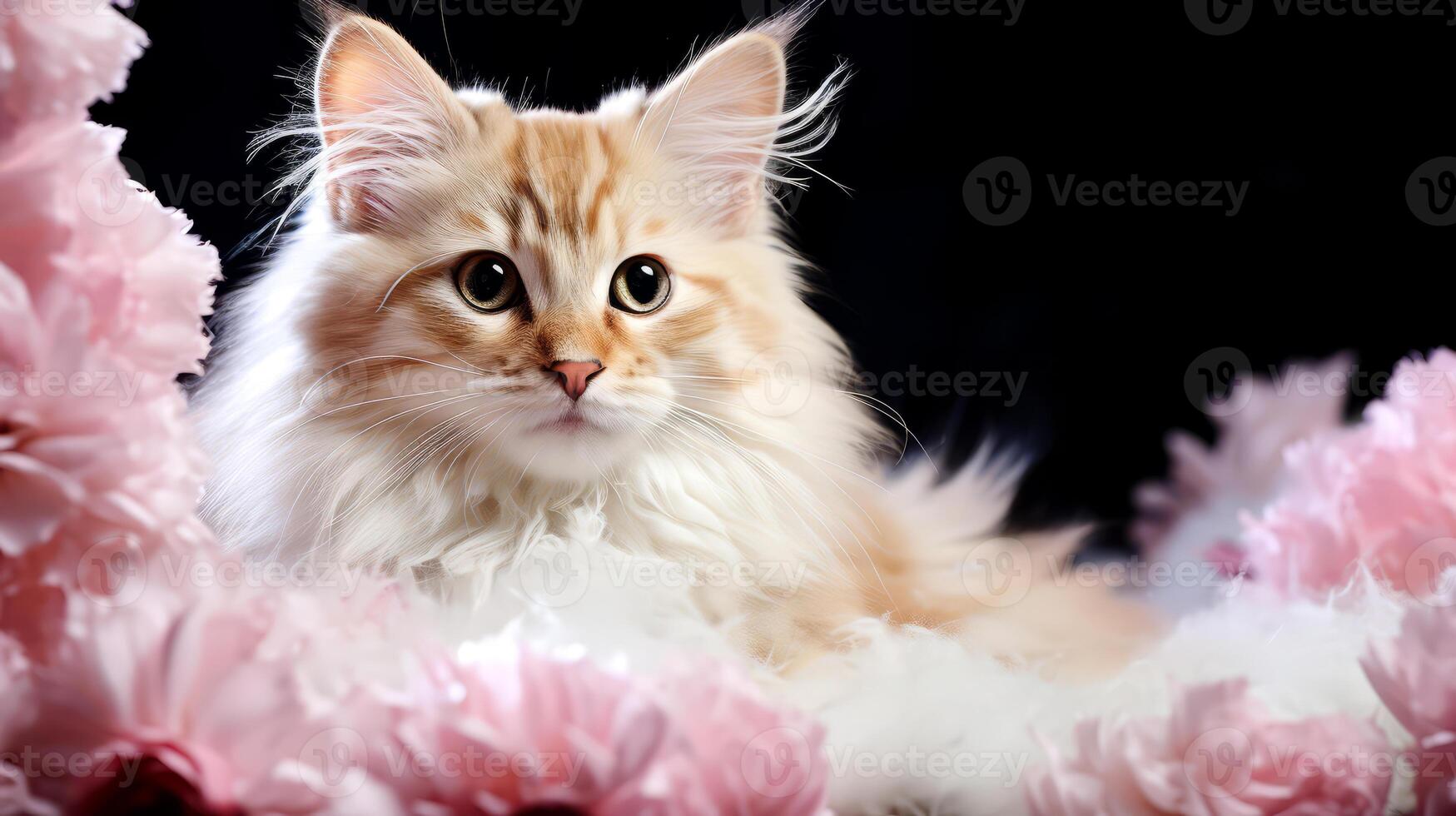 ai gerado lindo maine coon gato com Rosa peônias em Preto fundo. foto