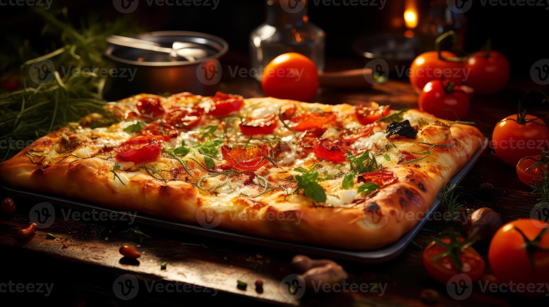 ai gerado pizza com mussarela, tomates e azeitonas em de madeira fundo. foto