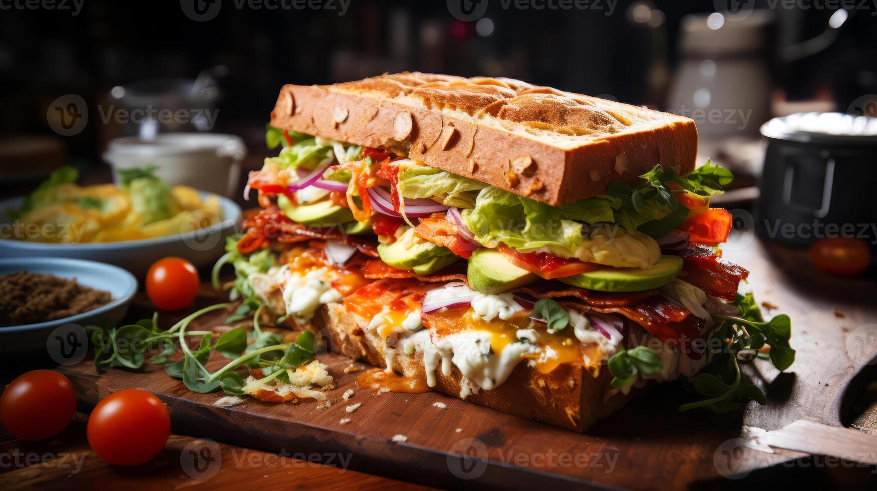 ai gerado sanduíche com fresco salada em de madeira fundo. foto