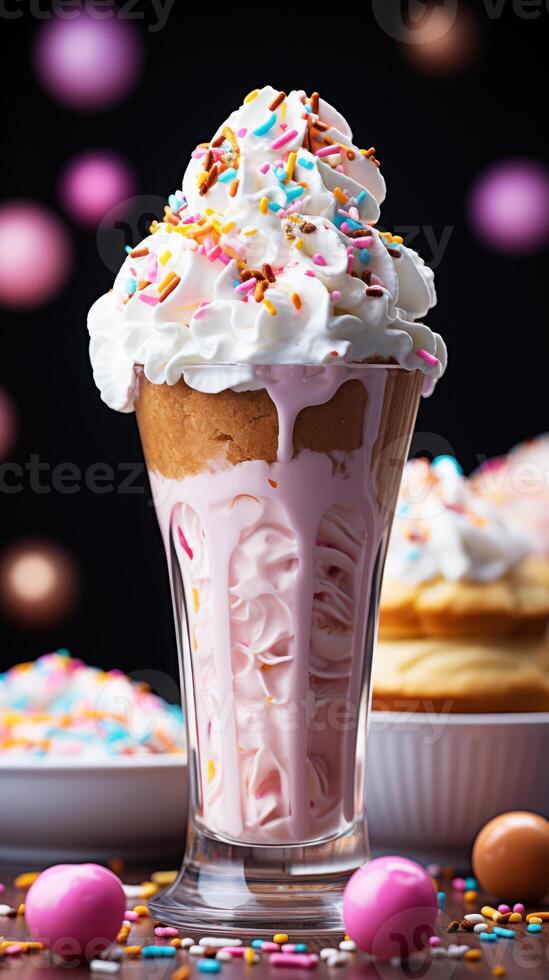 ai gerado delicioso milkshake com açoitado creme e colorida granulados. foto