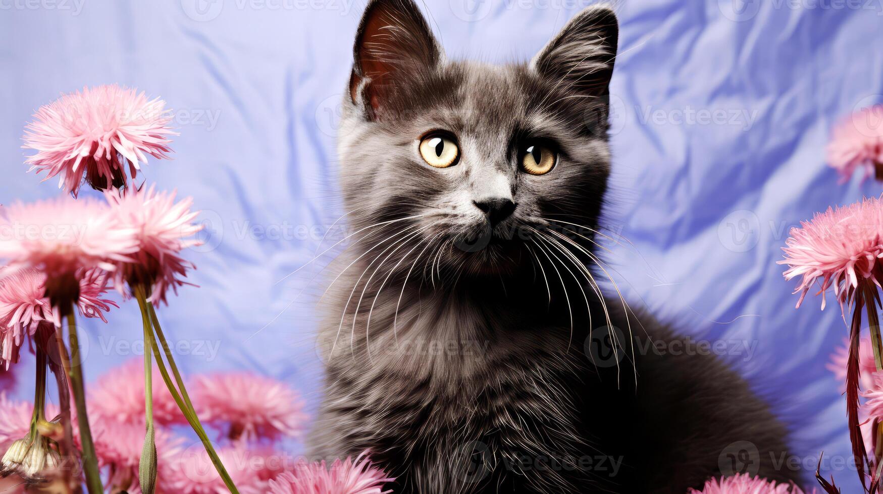 ai gerado lindo cinzento gatinho com Rosa flores em azul fundo. foto