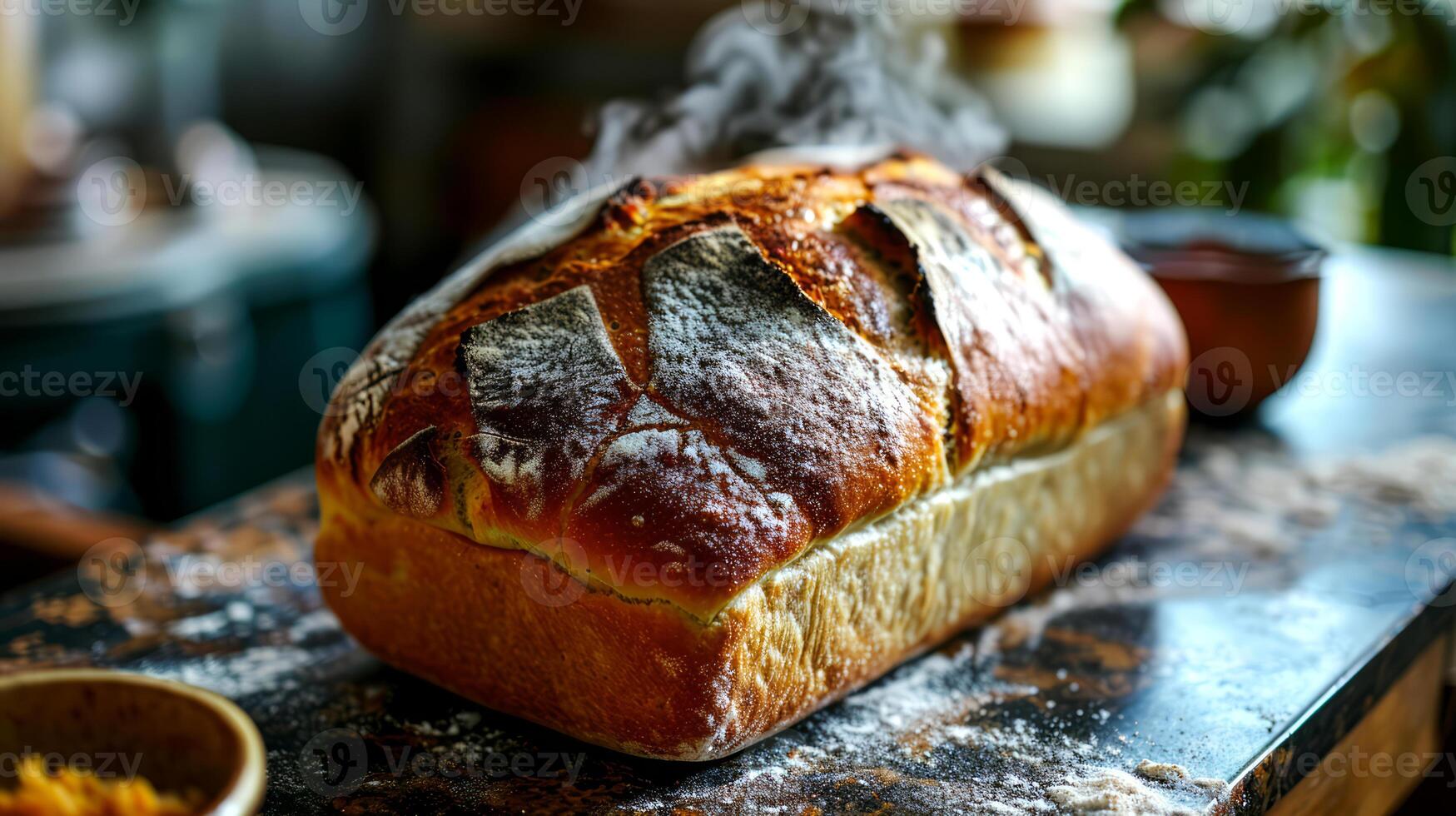 ai gerado recentemente cozido caseiro pão em uma mesa. foto