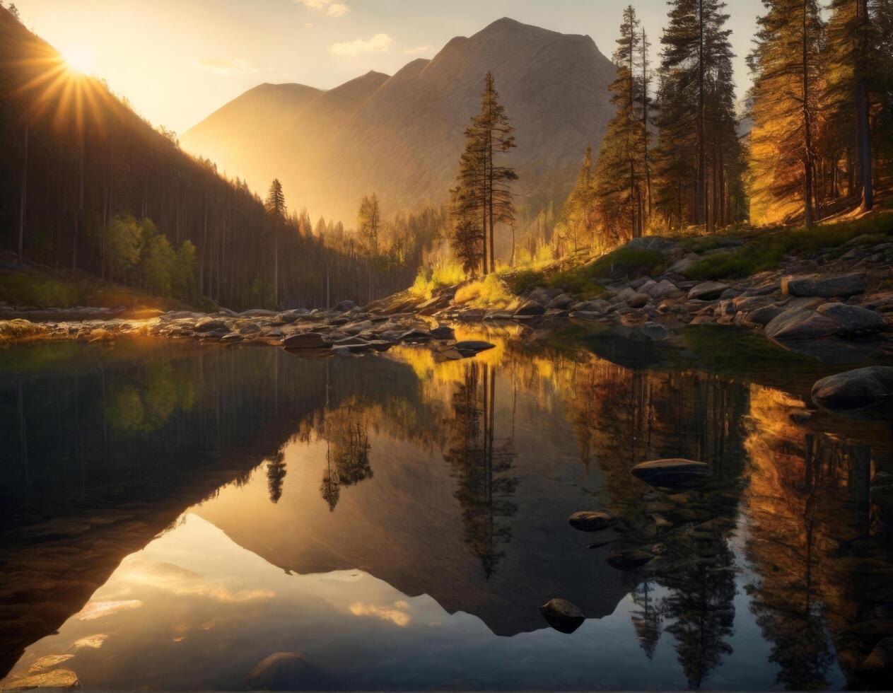 ai gerado nascer do sol em a montanha lago foto