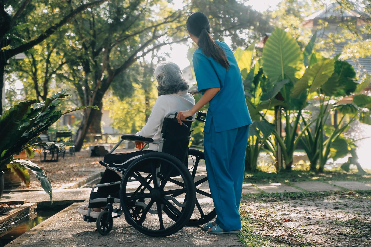 uma enfermeira levar Cuidado uma Senior masculino em cadeira de rodas dentro dele jardim às casa foto