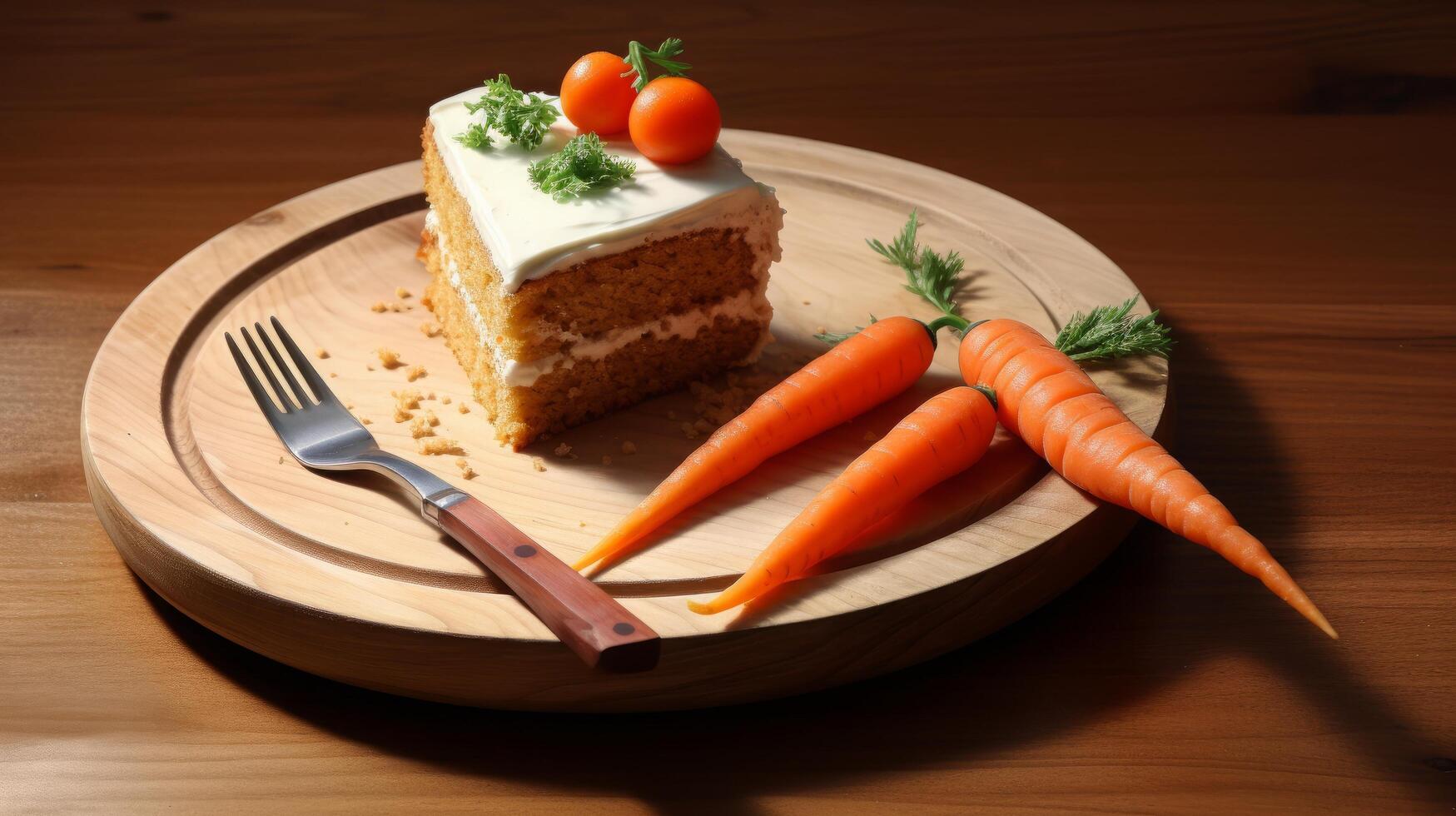 ai gerado delicioso cenoura bolo fatia em de madeira mesa foto