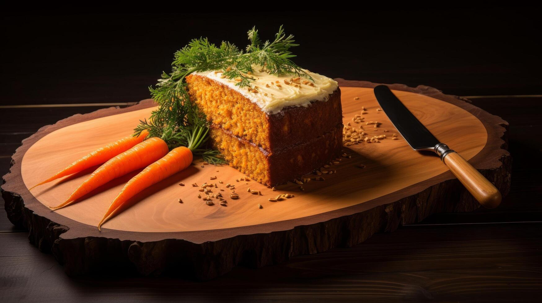 ai gerado delicioso cenoura bolo fatia em de madeira mesa foto