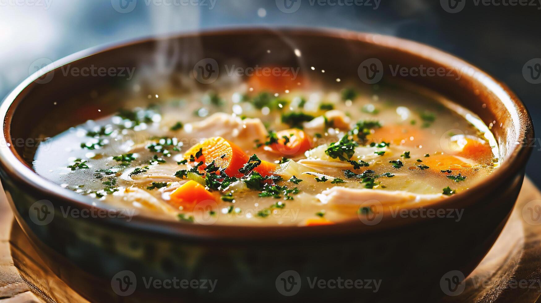 ai gerado frango sopa com legumes e ervas dentro uma tigela em uma de madeira mesa foto