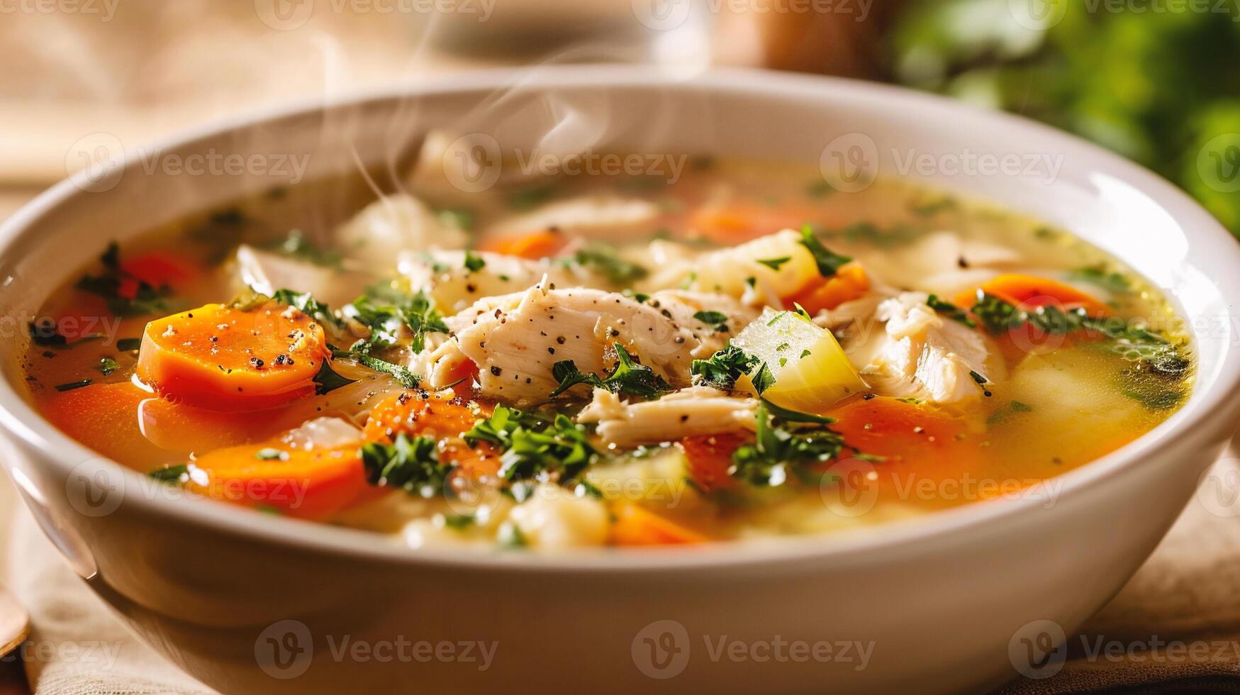 ai gerado frango sopa com legumes e ervas dentro uma tigela em uma de madeira mesa foto