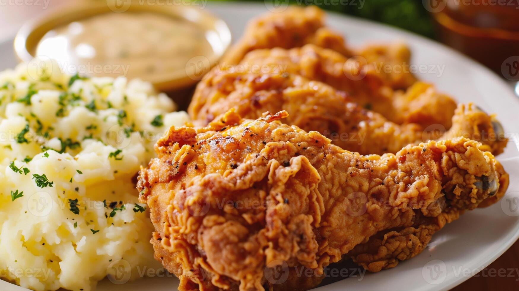 ai gerado crocantes frito frango pernas com amassado batatas foto