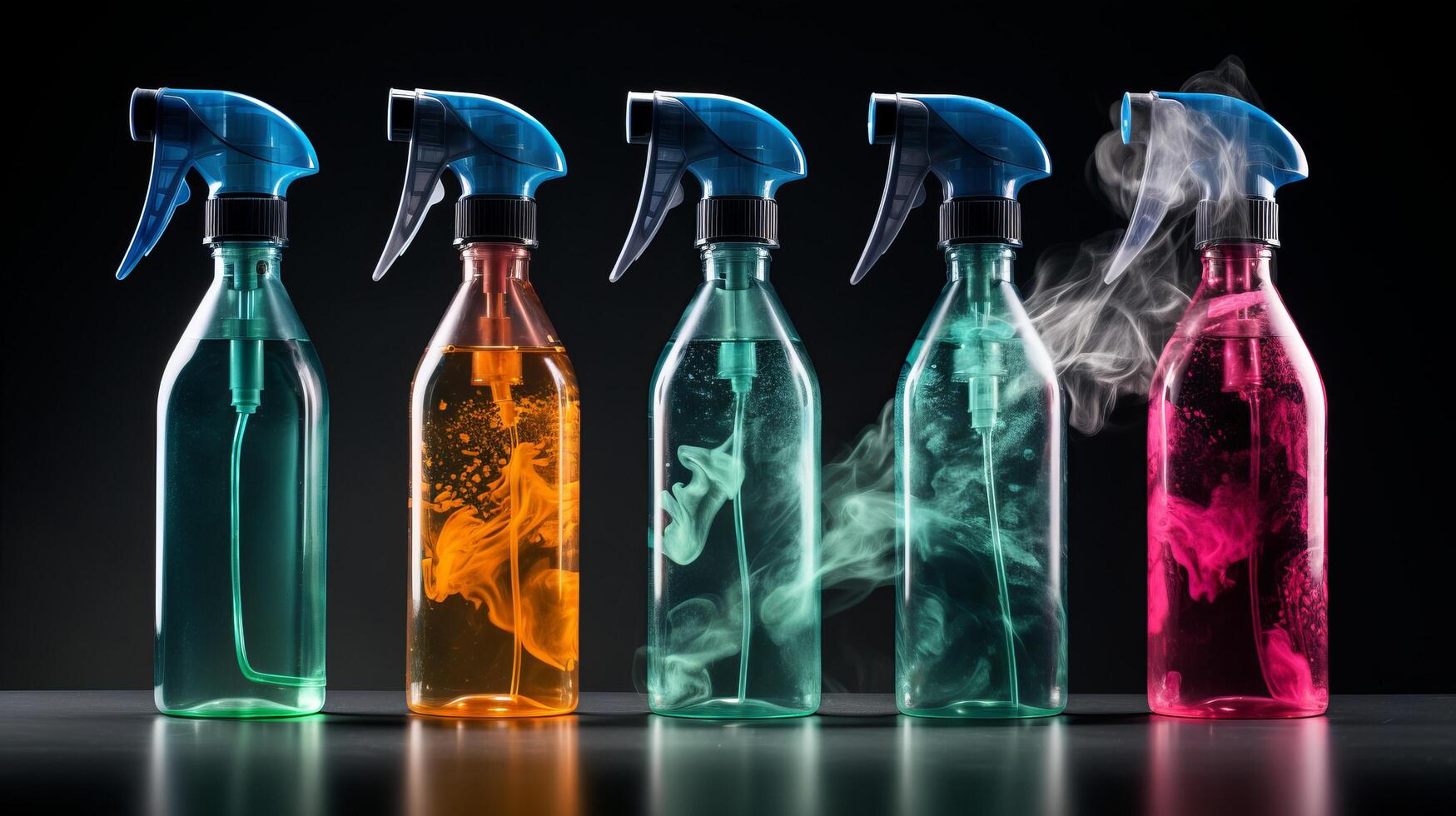 ai gerado colorida limpeza spray garrafas em Preto fundo foto