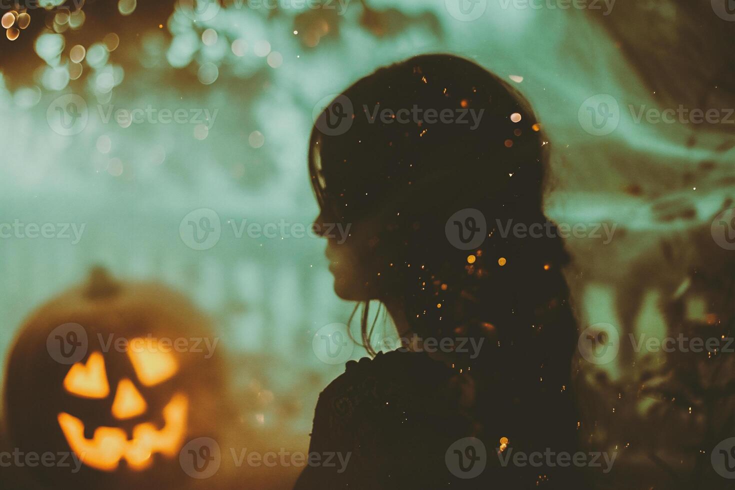 ai gerado dia das Bruxas conceito. retrato do uma lindo menina dentro uma bruxa traje com uma abóbora em a fundo do a noite cidade. foto