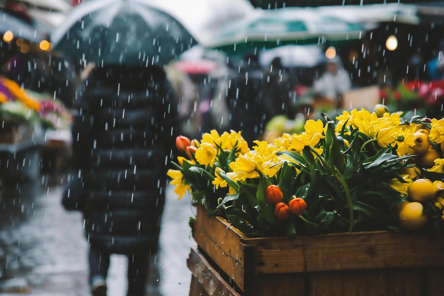 ai gerado amarelo tulipas dentro uma de madeira caixa em a rua dentro chuvoso clima foto