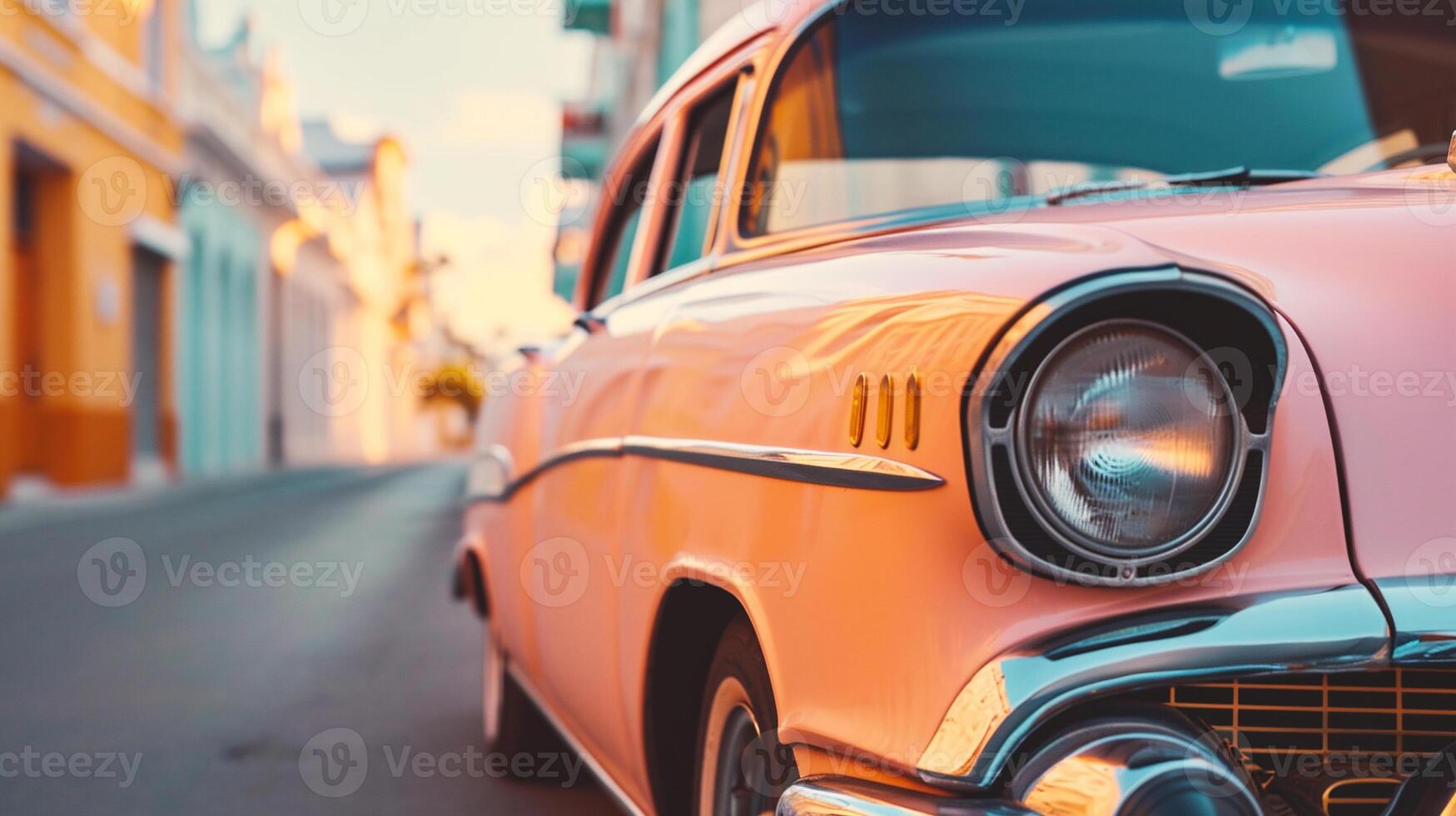 ai gerado vintage carro em a estrada dentro velho cidade, vintage cor tom foto