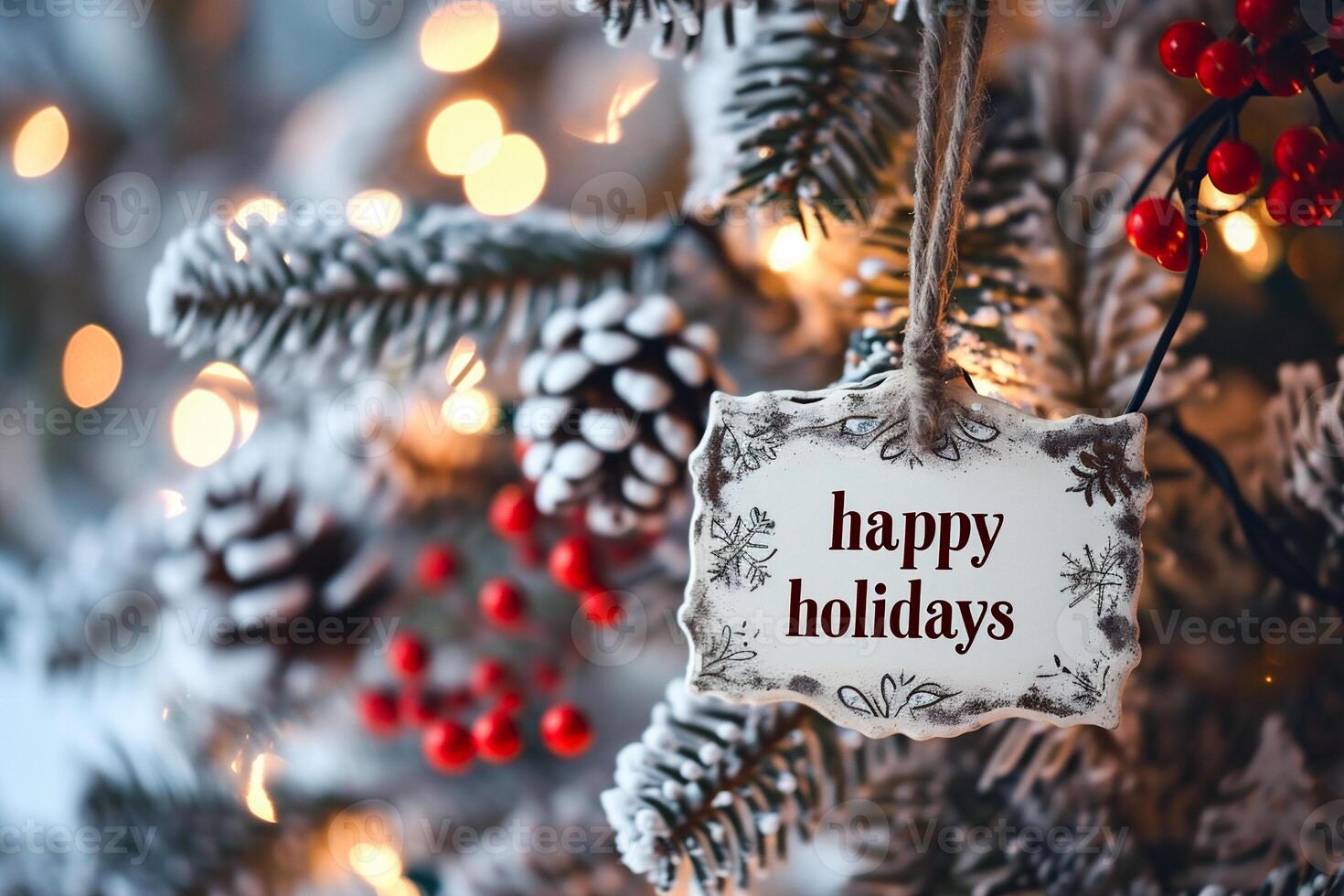 ai gerado feliz feriados cumprimento cartão. decorado Natal árvore ao ar livre. foto