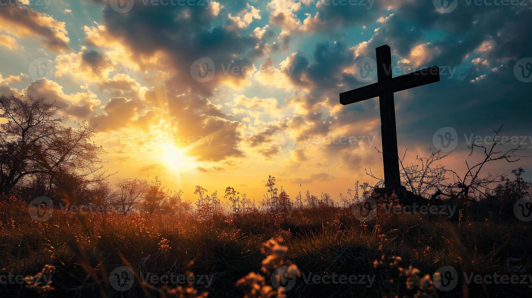 ai gerado Cruz do Jesus Cristo às pôr do sol sobre a campo. Cruz do Jesus Cristo às pôr do sol. foto