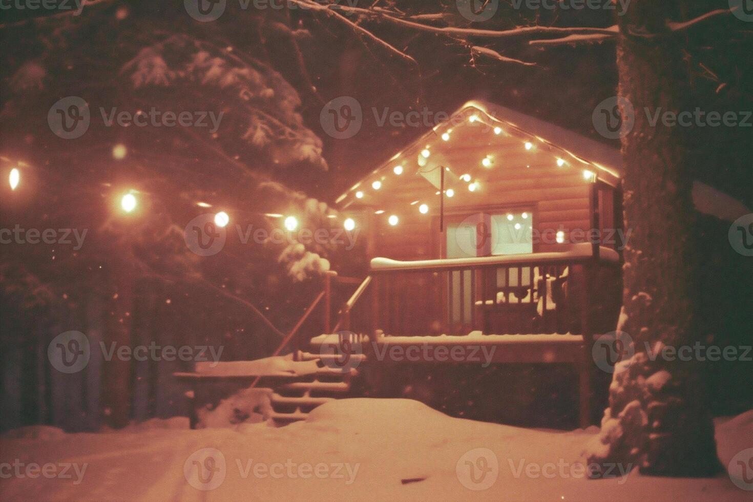 ai gerado inverno noite dentro a Vila. de madeira casa dentro a inverno floresta. foto