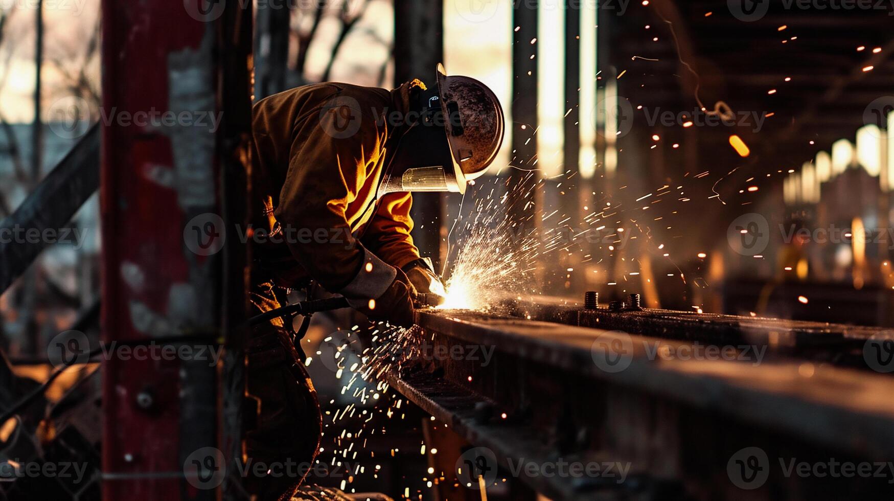 ai gerado industrial trabalhador Soldagem aço estrutura às construção local. faíscas enquanto trabalhando foto