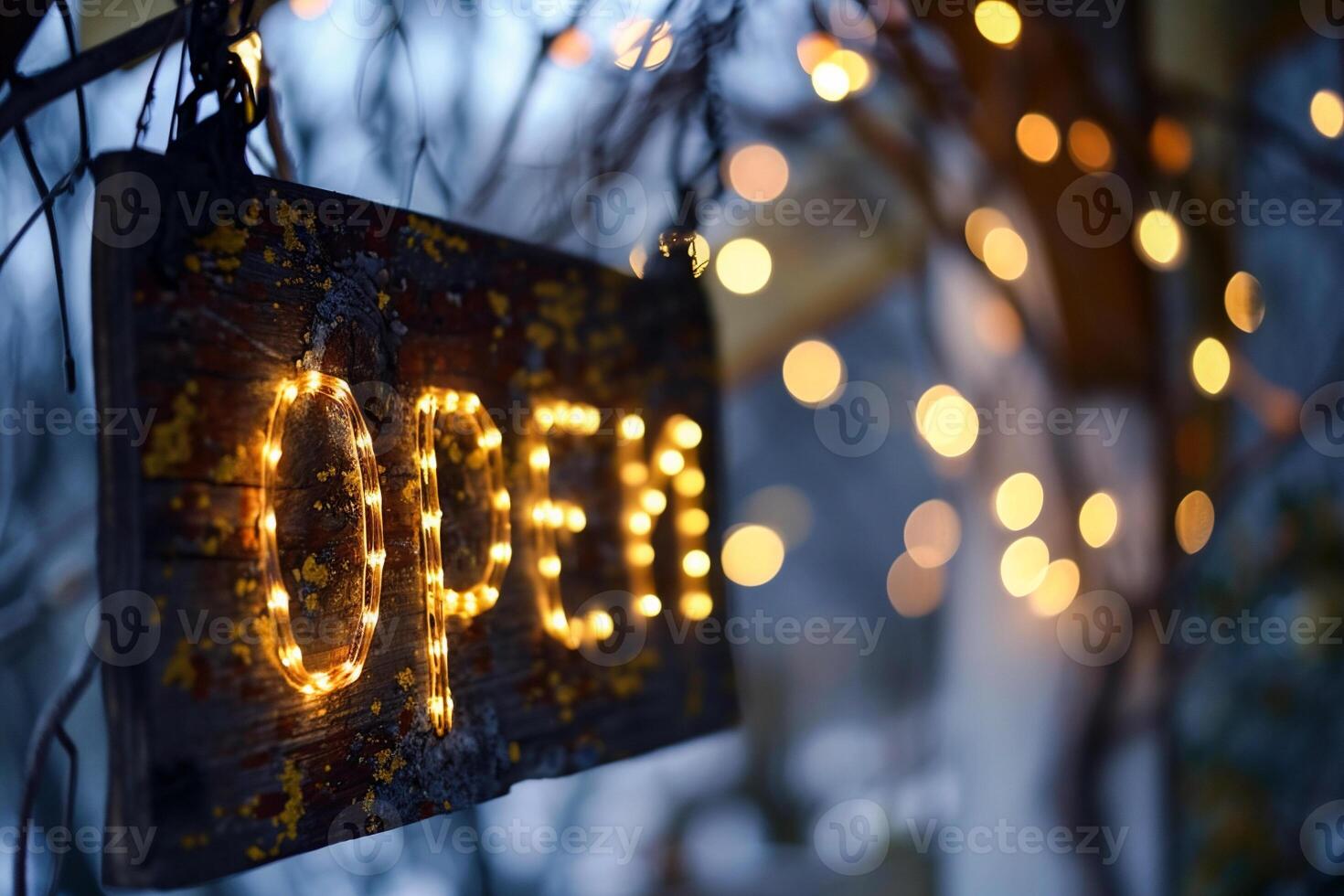 ai gerado iluminado tabuleta em uma árvore dentro a rua com bokeh foto