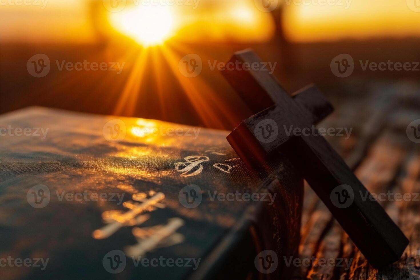 ai gerado de madeira Cruz e piedosos Bíblia em a fundo do pôr do sol foto
