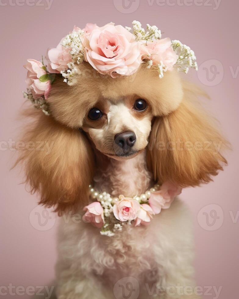 ai gerado fofa bege poodle cachorro com uma flor guirlanda em dele cabeça. foto