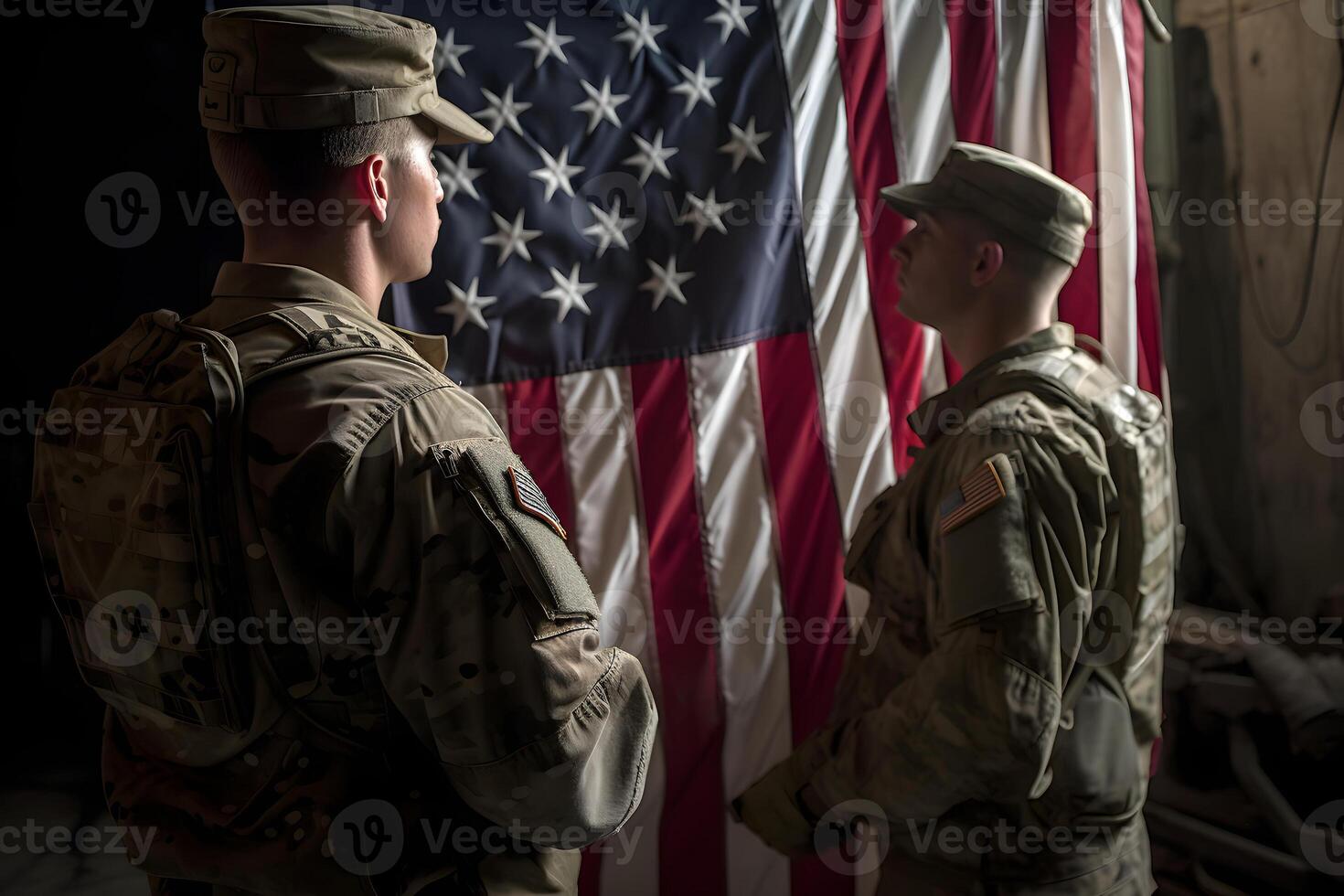 ai gerado americano soldados e Unidos estados bandeira, neural rede gerado fotorrealista imagem foto
