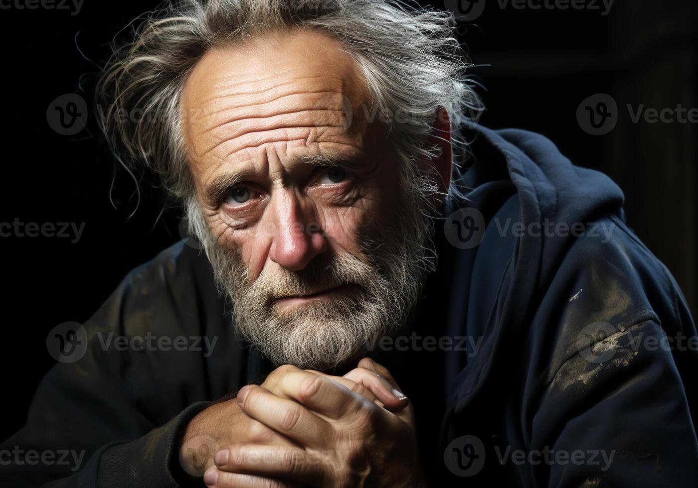 ai gerado retrato do idosos agricultor homem isolado em Sombrio fundo, pensando e olhando. foto