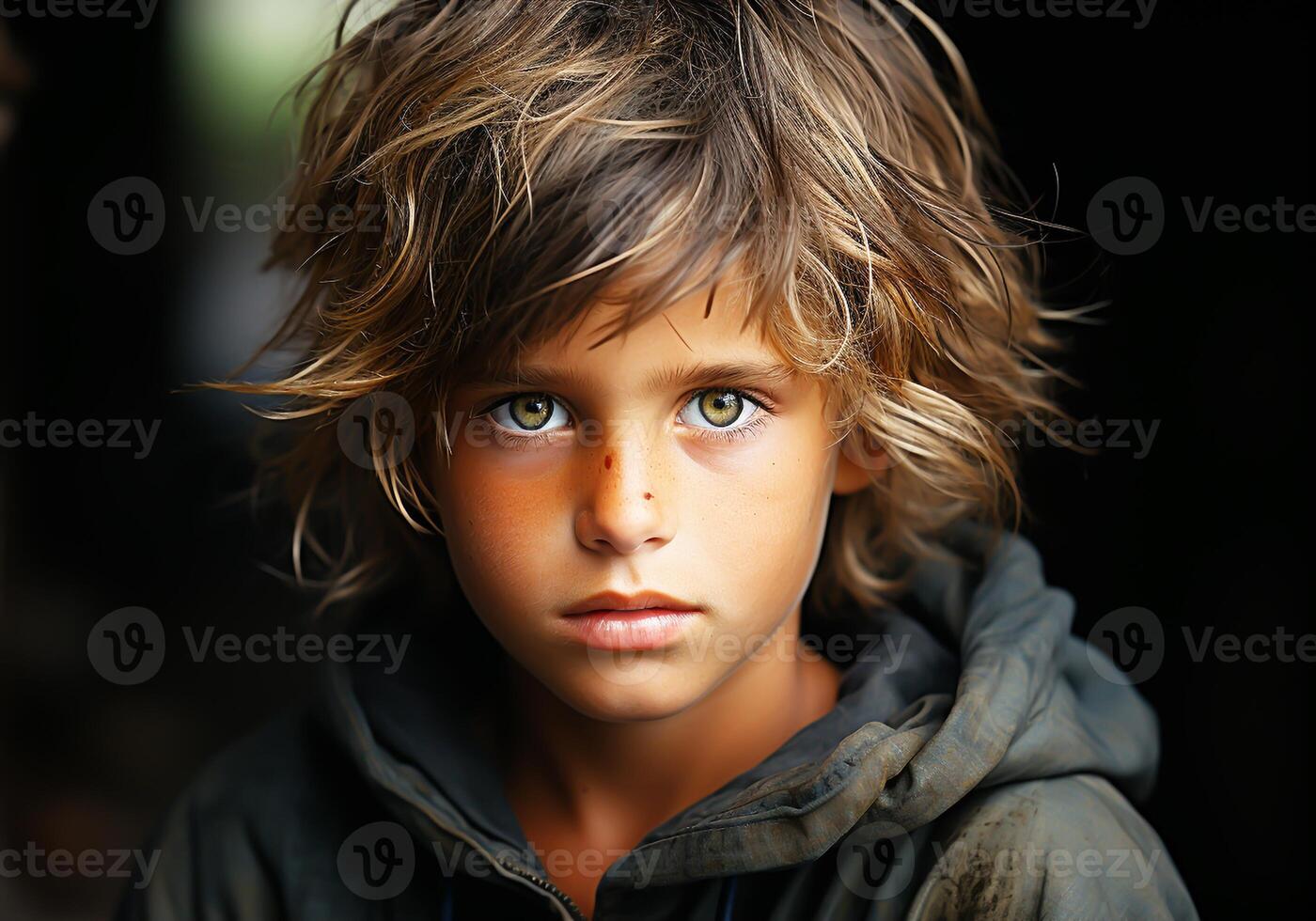 ai gerado retrato do lindo rua criança, sujo, olhando muito sério. sobrevivência, vulnerabilidade e social problema. foto