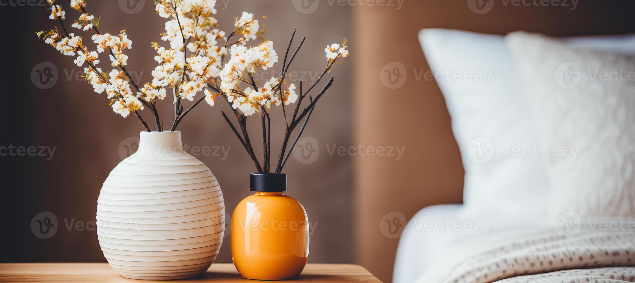 ai gerado acolhedor escandinavo quarto com mesa de cabeceira lâmpada, floral decoração, e casa interior Projeto elementos foto